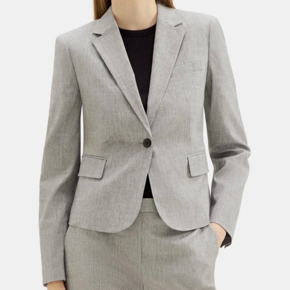 Theory Herringbone Wool Blend Single Breasted Tailored Fit Blazer Jacket